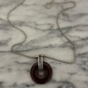 Carnelian Chinese disk sterling silver ornate setting plus 23” rope chain